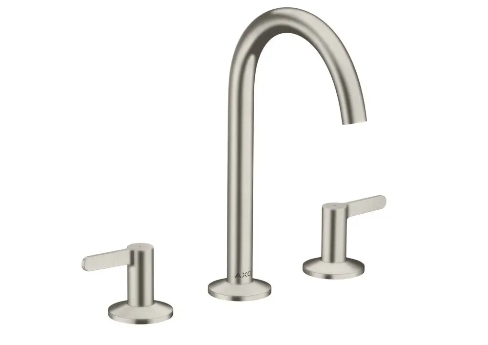 Edelstahl-Waschtischarmatur von AXOR mit zwei seitlichen Hebeln und hohem Auslauf. Push-Open Ablaufgarnitur ist integriert. Klar strukturiertes Design.